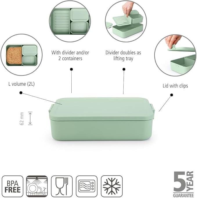 Brabantia Make & Take Bento Lunch Box (Jade Green) 2 Compartments & Lidded Pot, Lift-Out Tray Divider, BPA-Free, Airtight Snap Locks, Microwave & Freezer Safe, Travel Meal Prep Container