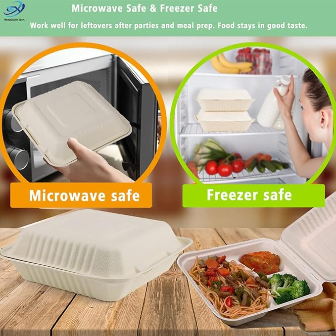 Compostable Take Out Food Container 9x9 Biodegradable 3-Compartment Clamshell To Go Container with Hinged Lid Heavy Duty Togo Disposable Box For Pasta Salad Sandwich Carryout Meal