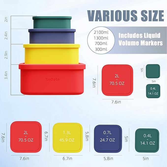 Silicone Food Storage Containers with Lids Set 4 Sizes and Silicone Containers,For Freezing, Bento Boxes, Snack Boxes,Freezer preservation Leak Proof