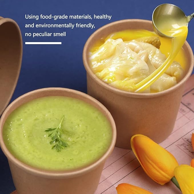 8 oz 25 pack Paper Soup Cup Disposable, Paper Food Containers with Lids, Kraft Ice Cream Container for Soups, Stews, Ice Creams, Sorbet and Salads