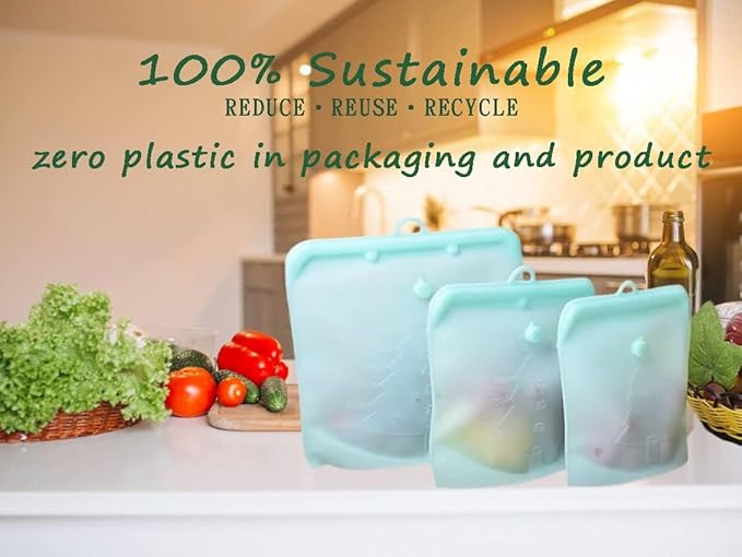 Reusable Silicone Food Bag with Day of the Week Organize| 100% Sustainable, Zero Plastic| 100% Leak Proof Reusable Bags| 3 colours with Large Size & a Hook for Easy Hanging