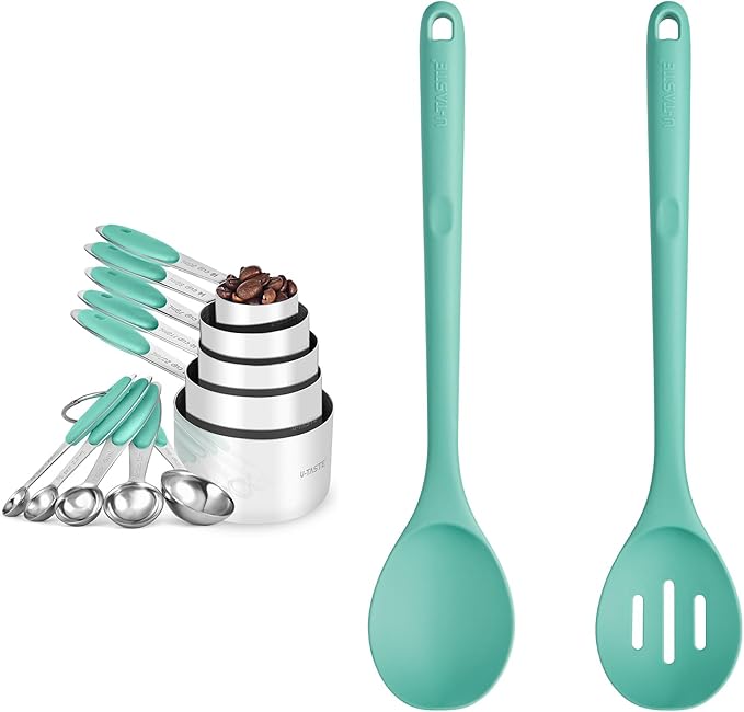 U-Taste 18/8 Stainless Steel Measuring Cups and Spoons Set (Set of 10, Aqua Sky), and 600℉ Heat Proof Long Non-Scratch Silicone Solid & Slotted Cooking Spoon for Mixing & Serving (Set of 2, Aqua Sk
