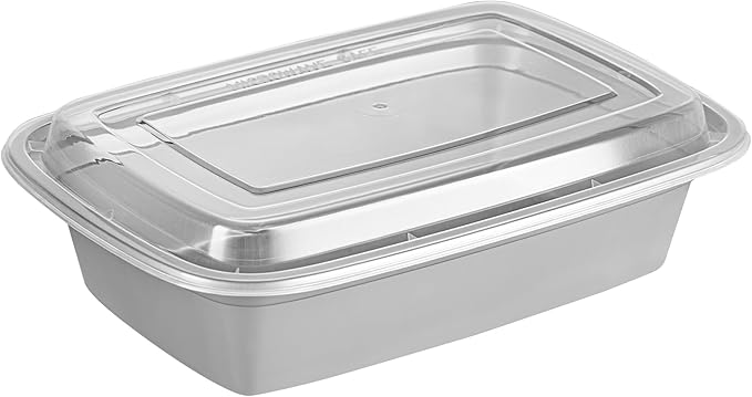 Restaurantware Asporto 38 Ounce Take Out Containers, 100 Food Containers With Lids - Microwavable, Disposable, Silver Plastic To Go Food Containers, No BPA, For Take Out And Delivery
