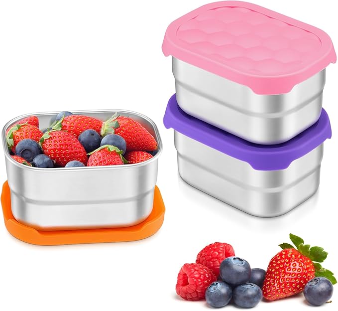 Leonyo 18/10 Stainless Steel Snack Containers for Kids, 8oz Food Container with Silicone Lid Easy Open Leak Proof, Metal Toddler Lunch Box for Daycare School, Healthy & Lightweight, Multi-color&3Pcs
