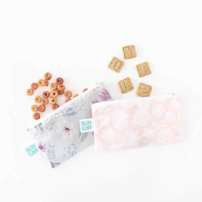 Bumkins Reusable Snack Bags, for Kids School Lunch and for Adults Portion, Washable Fabric, Waterproof Cloth Zip Bag, Supplies Travel Pouch, Food-Safe Storage, 2-pk Floral and Lace