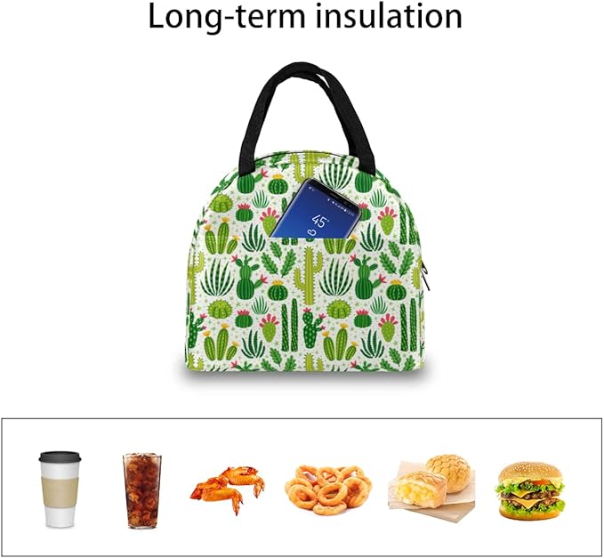 Insulated Lunch Bag for Women Men Green Cactus Waterproof Thermal Tote Bag Reusable Lunch Box Container Lunch Holder Leakproof Lunch Cooler Bag Picnic Travel Work
