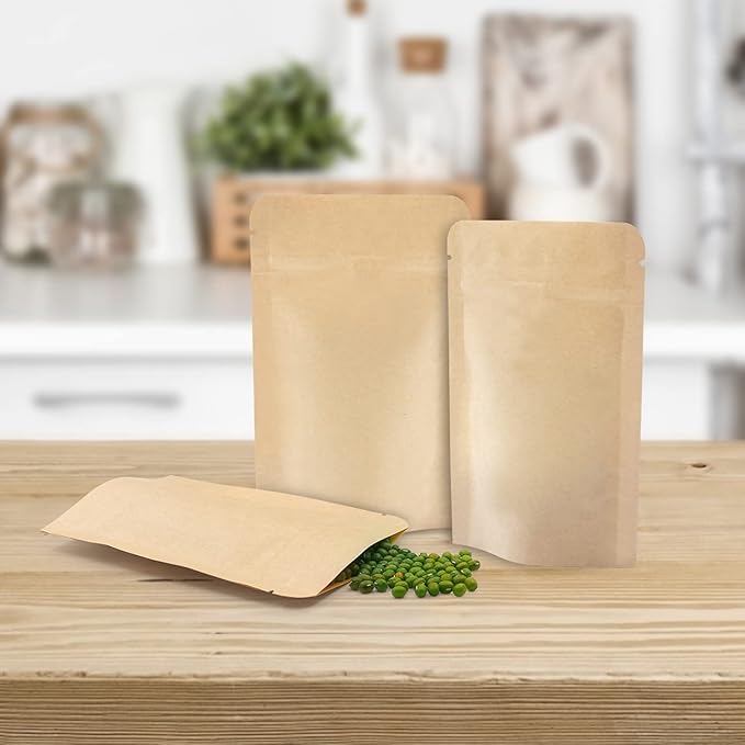 SumDirect Kraft Stand Up Pouches - 50 Pack 3.5x5.5 Inch Zipper Food Storage Reusable Bags with Foil Lined for Home or Business