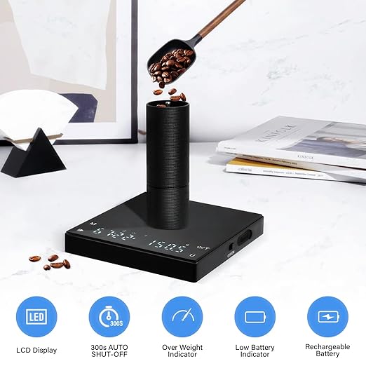 Coffee Scale with Timer, 2kg Capacity, 0.1g Precision, Timemore Scale Rechargeable, Mini Digital Espresso Scale with Tare Function, Black