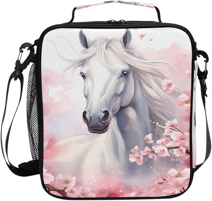 White Horse Lunch Box for Kids Boys Girls, Cherry Floral Cooler Insulated Lunch Tote Bag with Adjustable Strap for School Daycare