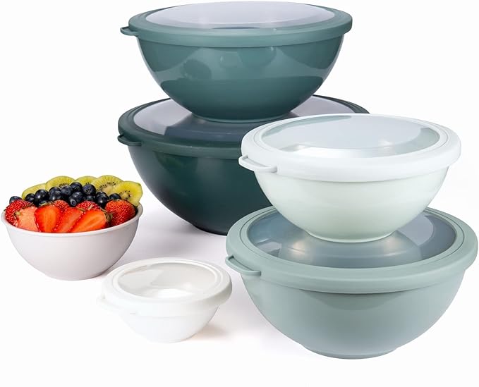 COOK WITH COLOR Nesting Mixing Bowls - 12 Piece Plastic Bowl Set with Lids, Microwave Safe (Green)