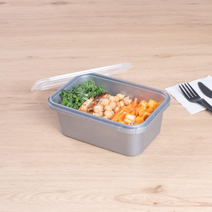 Restaurantware Futura 34.5 Ounce Meal Prep Containers With Lids 100 Tamper-Evident To Go Containers - Microwavable Disposable Silver Plastic Food Containers With Lids For Take Out or Lunches