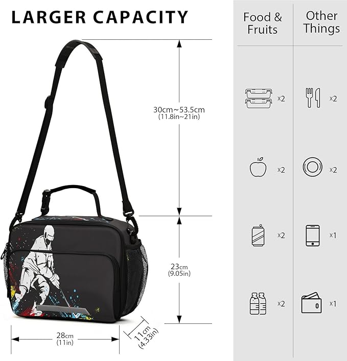 Pfrewn Hockey Player Rainbow Lunch Box for Kids School Students Insulated Lunch Bag with Shoulder Strap for Office Adults Reusable Cooler Bags Lunch Tote