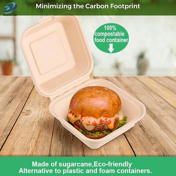Dhaey HGX Food Storage Container, Biodegradable, Grease-Proof 6x6 Clamshell Small Togo Containers, Small Take Out Boxes 50pk. Disposable, Microwavable Take Out Container With Hinged Lid