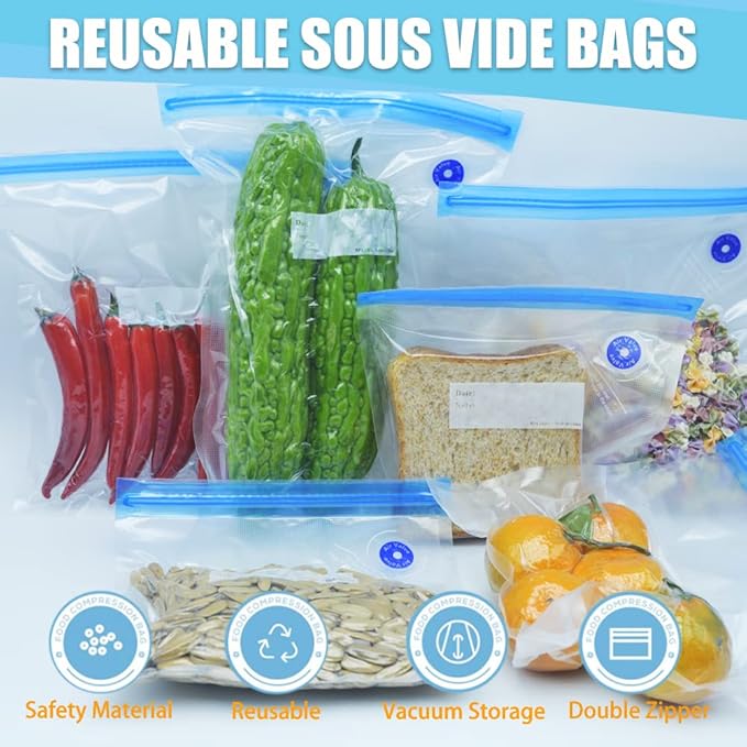 Large Sous Vide Bags,15pcs10.2x13.4in/26 * 34cm BPA Free Reusable Vacuum Sealer Bag,Keep Food Fresh, with 2 Sealing Clips