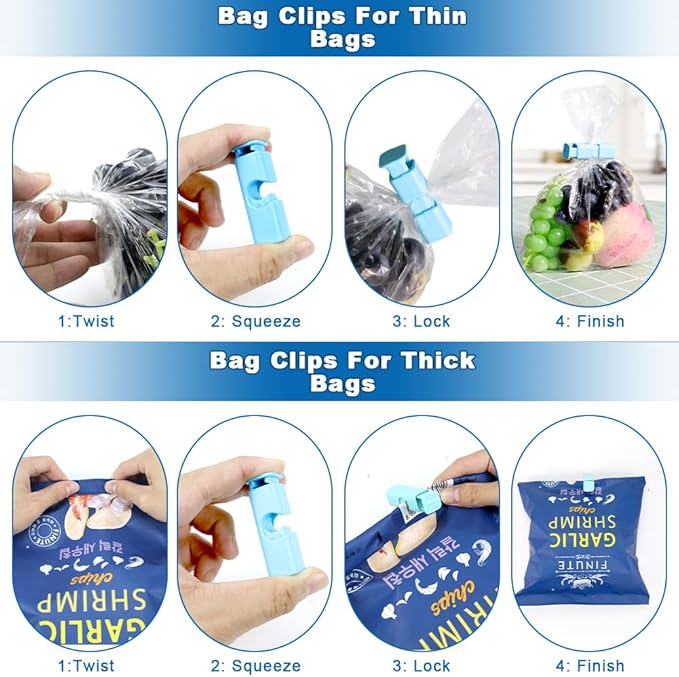 zxbaers 3PCS Food Bag Sealing Clip with Pour Spout and 6PCS Squeeze and Lock Bread Bag Clips, Bread Clips Resuable, Snack Clip for Cereal, Snacks And All Food Storage and Organization