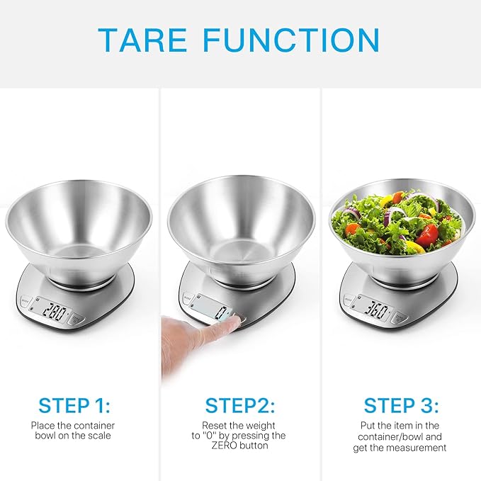 BAGAIL BASICS Electronic Kitchen Scale Premium Large Display Backing Scale Wet and Dry Food Weighing Scale with Stainless Steel Mixing Bowl - 5kg