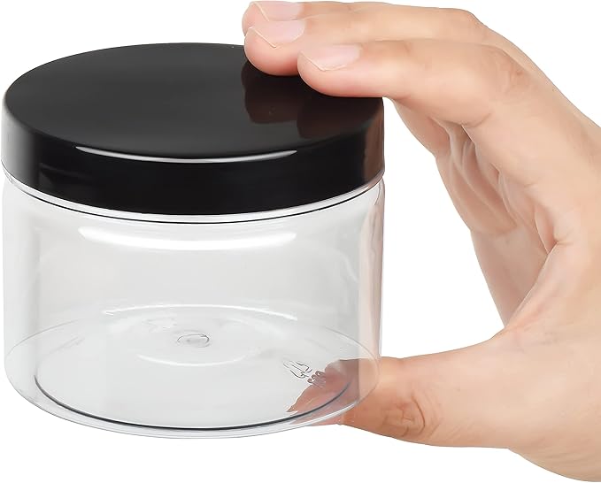Healthy Packers 8oz Plastic Jars With Lids, Labels and White Marker - 24-Pack Small Plastic Containers with Black Lids. Great for Slime, Lotion, Crafts, Travel General Storage
