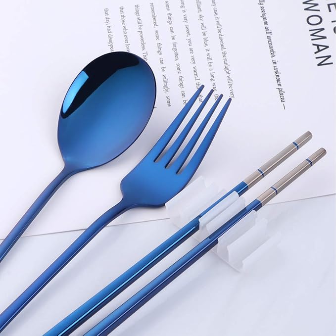 3 PCS Stainless Steel Travel Camping Flatware Set Fork Spoon Chopsticks with Portable Case, Blue