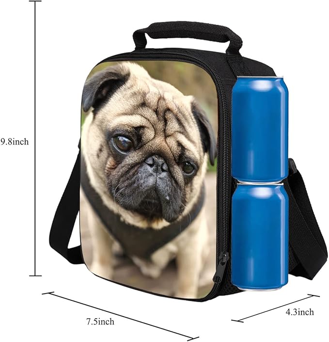 Kids Lunch Bag Reusable 3D Design Snack Shoulder Bags with Zipper Online Insulated Thermal Girls Boys Lunch Tote Bags Cooler Box for Picnic(pug)