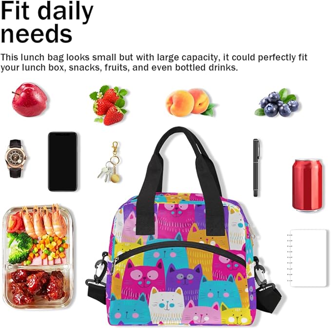 Pardick Insulated Lunch Bag for Women Men Large Cute Rainbow Cat Head Thermal Cooler Lunch Box Durable Tote Bag with Adjustable Shoulder Strap for Work School Office Travel Girl Boy Meal Prep Bag