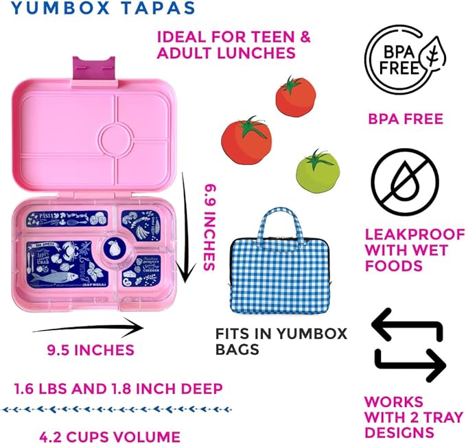 Yumbox Tapas Leakproof Bento Lunch Box, 5 Compartment Removable Tray, Bento Lunch Containers for Adults and Kids, Large Size, Easy Clean, Lunch Box Kids (Capri Pink with Bon Appetite Tray)
