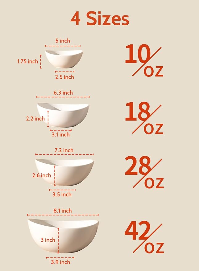 Sweese Porcelain Serving Bowls for Entertaining, 10-18-28-42 Ounce, Microwave & Dishwasher Safe, Large Serving Dishes, Prep Salad Bowls for Thanksgiving Christmas, White