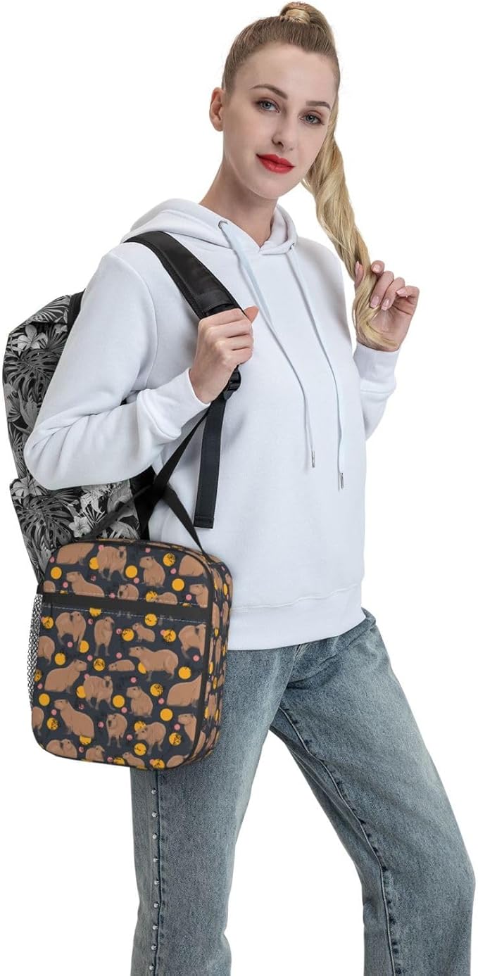 YETTA YANG Capybara Doodle Botanical Circle Wildlife Portable Lunch Bag Insulated Lunch Box Reusable Totes For Women Men Work Picnic Camping