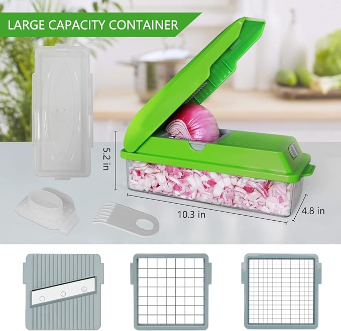 LHS Vegetable Chopper, Multifunctional Food Chopper, Pro Onion Chopper, Vegetable Slicer Dicer Cutter with 3 Blades, Veggie Chopper with Container(6-in-1,Green)