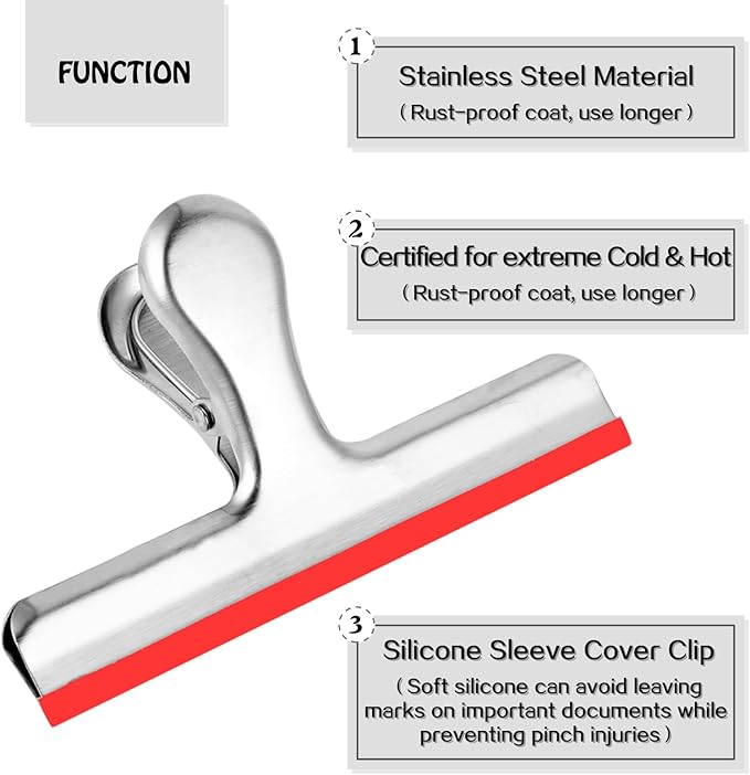 HOUSE AGAIN 6 Pack Stainless Steel Chip Bag Clips Covered with Colorful Silicone - NO More Sharp Edges - Color Coded for Food Bags - Air Tight Seal, Heavy Duty for Kitchen and Office, 5 Inches-Silver