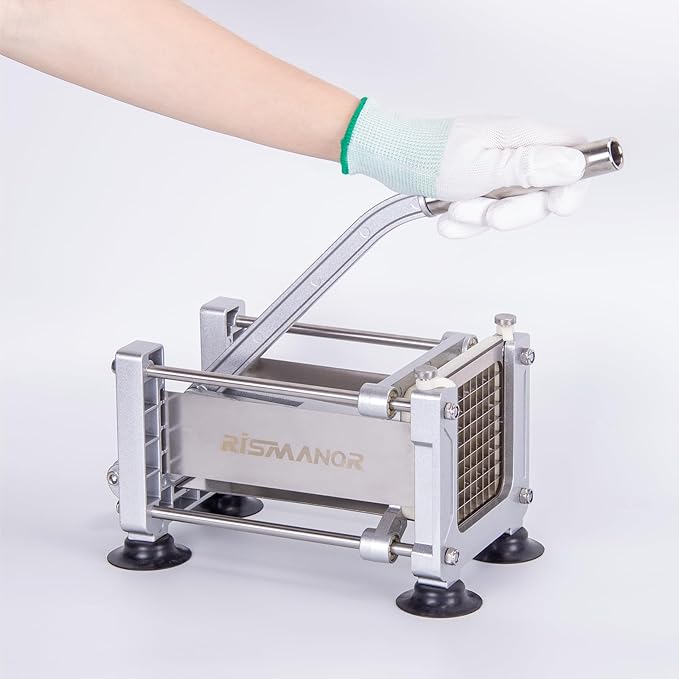 Rismonar French Fry Cutter Stainless Steel Potato Slicer With 1/2in 1/4in 3/8in Blade for Carrots Cucumbers Vegetables (Silver, Machine + 1/2 & 3/8)