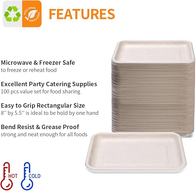 Celel 100 Pack 8 Inch Rectangle Paper Plates, Bend-Resist 8 x 6 inch Food Trays Disposable Rectangle Plates for Tacos, Meat, Dessert, Snack