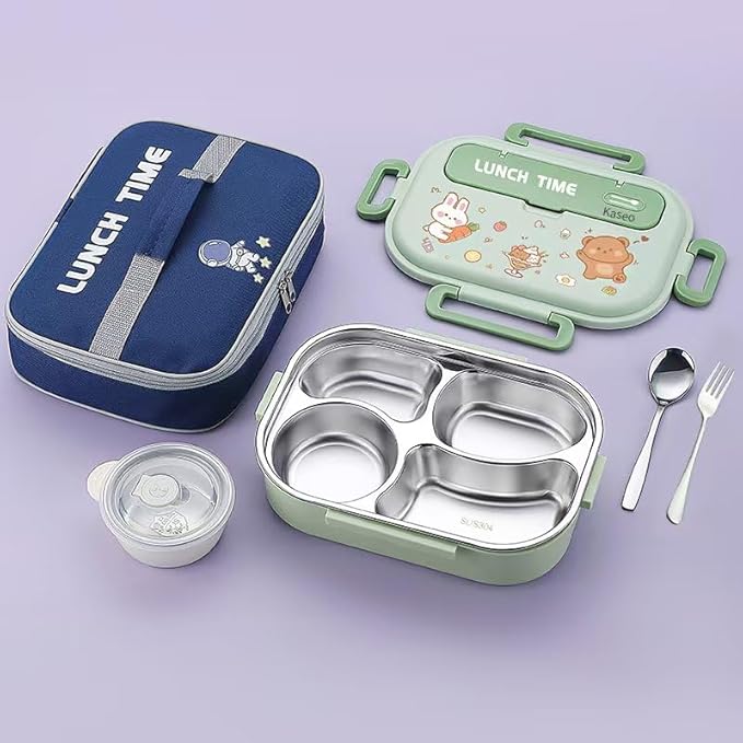 Bento box for kids/adults, 304 Stainless steel insulated 4 compartments lunch box with Soup Bowl, Thermal bag, Spoon and folk, Leak proof, Microwavable, Dishwasher safe, 5 colors (Purple)