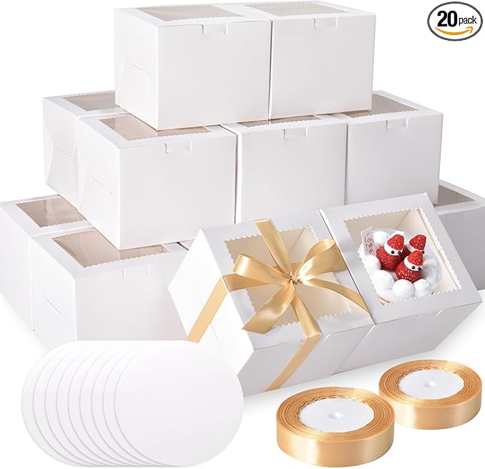 KPOSIYA 40pcs 6x6x5 inch Mini Cake Boxes with Cake Boards (20 Boxes & 20 Boards), 6 inch Small Cake Boxes with Lids,Cajas de mini pastel Bakery Boxes with Window for Christmas Thanksgiving