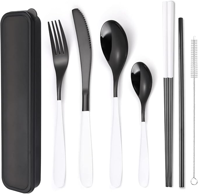 AARAINBOW 7 Pieces 18/8 Stainless Steel Flatware Set Portable Reusable Cutlery Set Travel Utensils Set Including Chopsticks Knife Fork Spoon Straws Cleaning Brush Dishwasher Safe (Y-Black white)