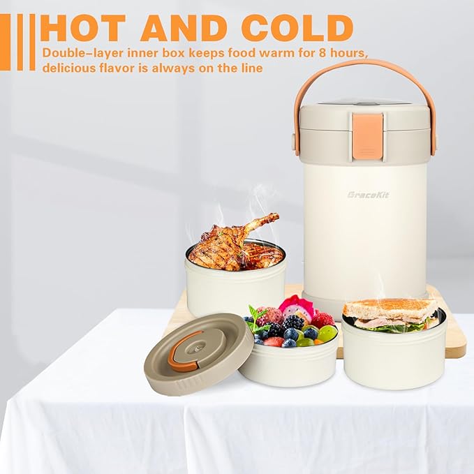 Thermo for Hot Food 3-Layer Termos Para Comida Caliente 67oz Leakproof Lunch Box for Men Women Adults - Insulated Soup Container w/Cutlery, Collapsible Cup & Thermal Bag, Office Camping Travel