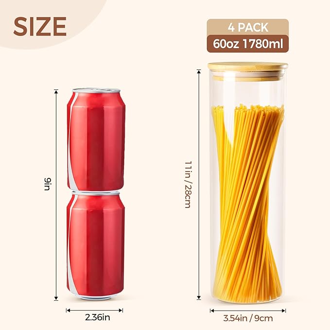 60oz Glass Storage Containers with Lids for Pasta Spaghetti, Tall Glass Jars with Airtight Wood Lids, Kitchen Food Storage Pantry Jars, For Cookies Flour Cereal Sugar Tea Coffee Beans (Set of 4)