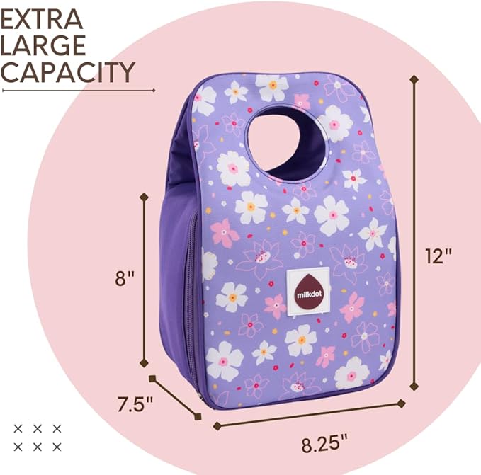 Designer Insulated Lunch Bag, Purple, Reusable Cooler Tote for Food & Drinks, Perfect for Women, Men, Boys, Girls, Stylish for kids ages 3+ (Flower)