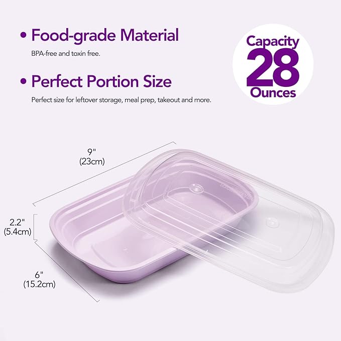 Glotoch Meal Prep Container Microwave Safe 50Pack,1 Compartment Food Containers with Lids, To Go Containers for Takeout, Bento Box, BPA-free, Stackable, Microwave/Dishwasher/Freezer Safe 28OZ(Purple)