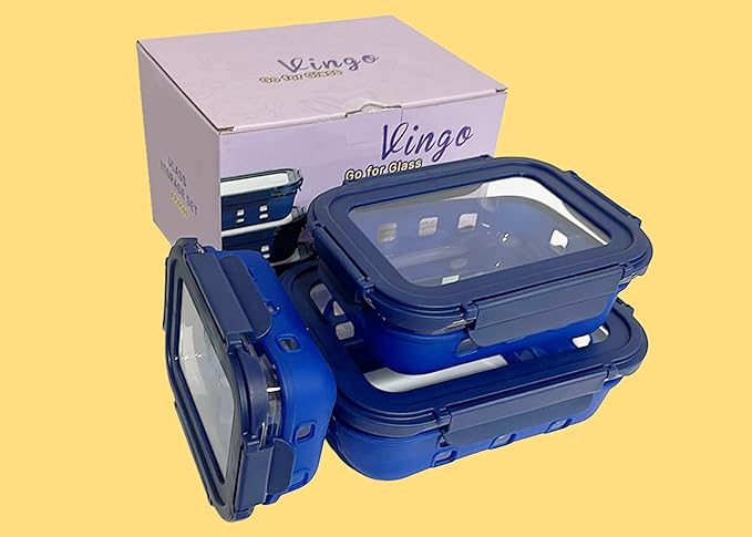 VINGO Glass Food Storage Container with Silicone Sleeve and Leak Proof Airtight Lids, Rectangular shape - 6 Pc Set (3 Containers - 3 Matching Lids) Blue