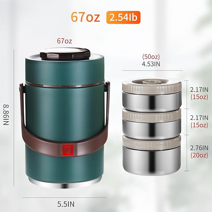 67 Oz Adults Stainless Steel Vacuum Soup Thermos For Hot Food with Inserts Stackable Bento Box and Lunch Bag,Width Mouth Portable Nsulated Food Jar Lunch Container (green, 67 oz)
