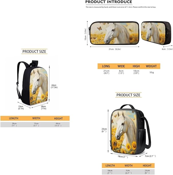 Dolyues Sunflower Horse Girls Backpack Combo: 17 Inch Lightweight Backpack, Eco-Friendly Lunch Bag & Organizer Pencil Case - Ages 5-10