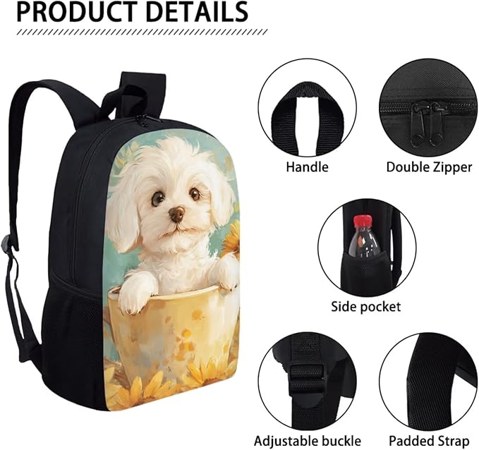 Dolyues Sunflower Cup Dog Girls Backpack Bundle: 17 Inch Children’s Backpack, Double Compartment Lunch Bag & Shimmer Pencil Case - Washable & Scratch-Resistant