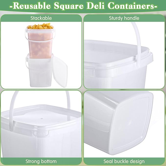 Mifoci 24 Pcs Plastic Food Containers Ice Cream Buckets with Lids and Handle Reusable Square Deli Containers Freezer and Microwave Safe for Kitchen Food Drinks Storage(67 Oz/ 2 Qt / 0.5 Gallon)