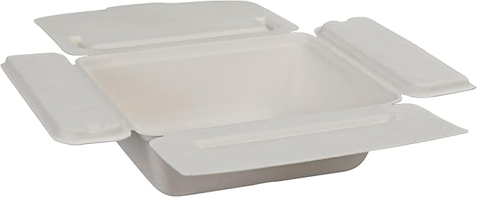 ECO PRODUCTS Compostable 58oz One-Piece To Go Containers, Case of 150, 8.25"x7.5"x2.5" Vanguard Folia Innovative Container, Disposable Renewable White Molded Fiber, No PFAS, ASTM, BPI-Certified