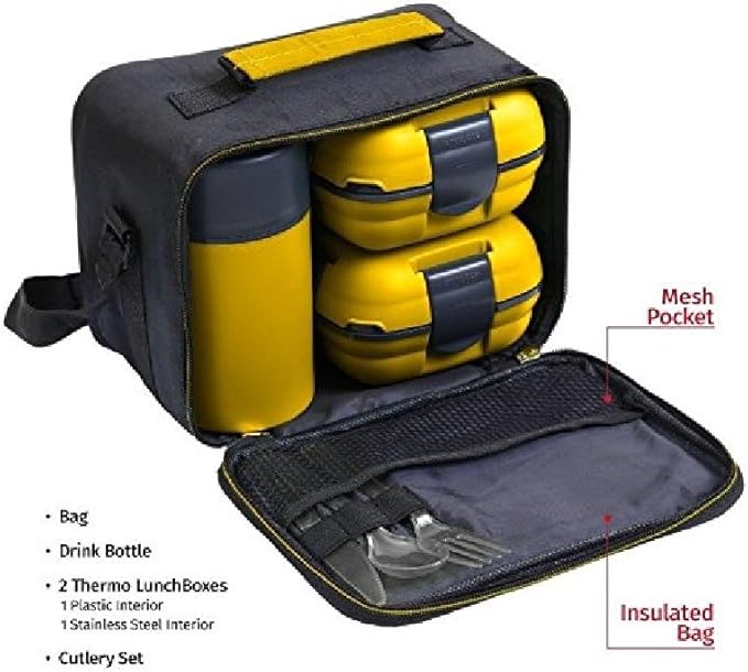 Pinnacle Thermoware Lunch Box Bag Set for Adults and Kids, Yellow, Stainless Steel and Plastic, Matching Cutlery Included