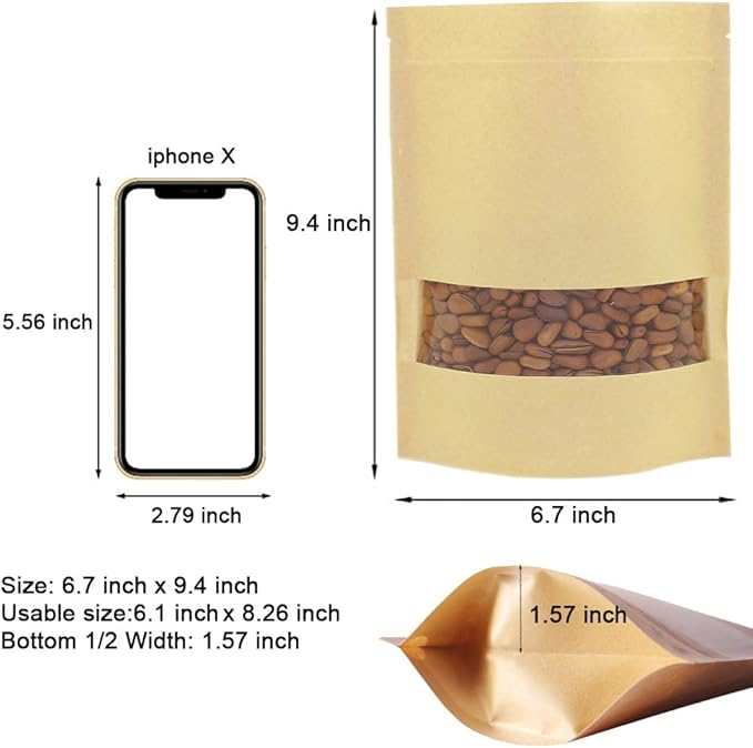 100 Pcs Resealable Stand Up kraft Paper Bags with Window for Packaging Products, Reusable Zip Lock Food Storage Pouch Bags (6.7" x 9.4")