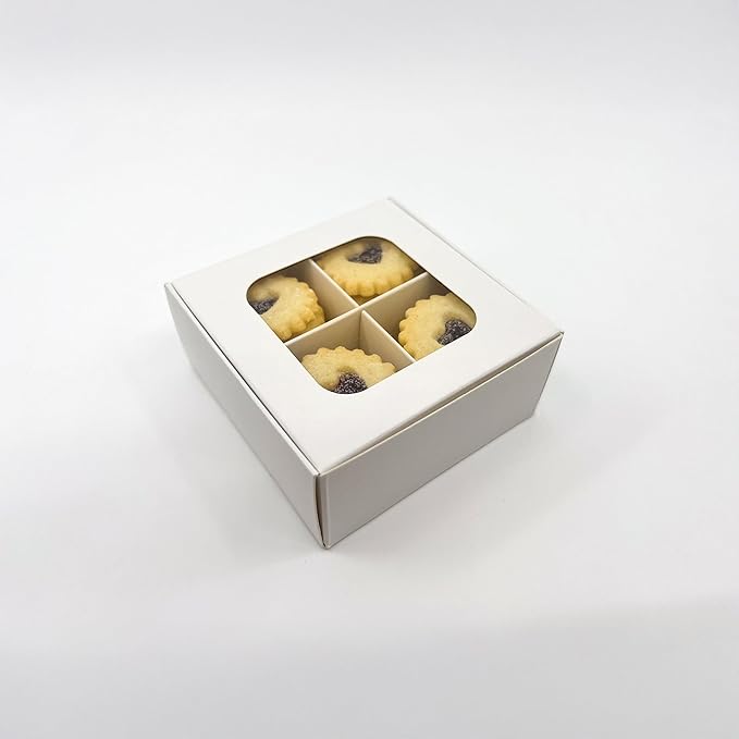Treat boxes with window and dividers | 4 X-SMALL compartments | 3.5 x 3.5 x 1.57 in | Empty candy boxes for gift giving, truffle box - perfect for Valentine's Day | 20-pack (White)