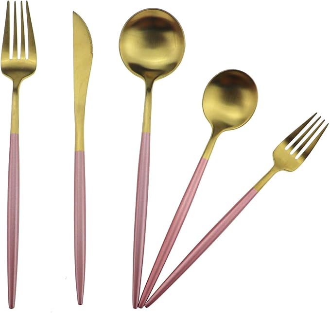 Gugrida Pink Gold Flatware, Royal 5 Piece Matte Pink Handle 18/10 Stainless Steel Tableware Sets for 1 Including Forks Spoons Knives, Camping Silverware Travel Utensils Set Cutlery (Pink Gold)