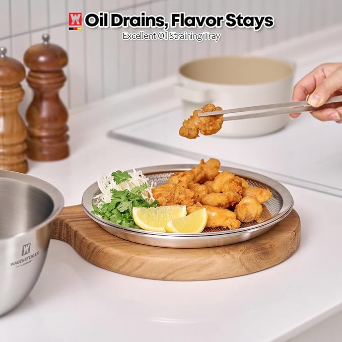 Stainless Steel Mixing Bowl Set (3-Piece) – Multifunctional Food Prep & Baking Tools with Strainer and Serving Tray, Oil Drain Tray, Nesting Storage, Easy Measurement Marks (8.66 Inch)