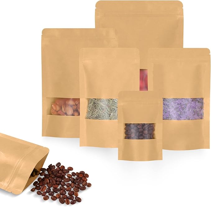 100pcs Kraft Bags with Window 3.5x5.5 Inches Brown Reusable Sealable Zip Lock Food Storage Stand up Paper Pouches for Home or Business